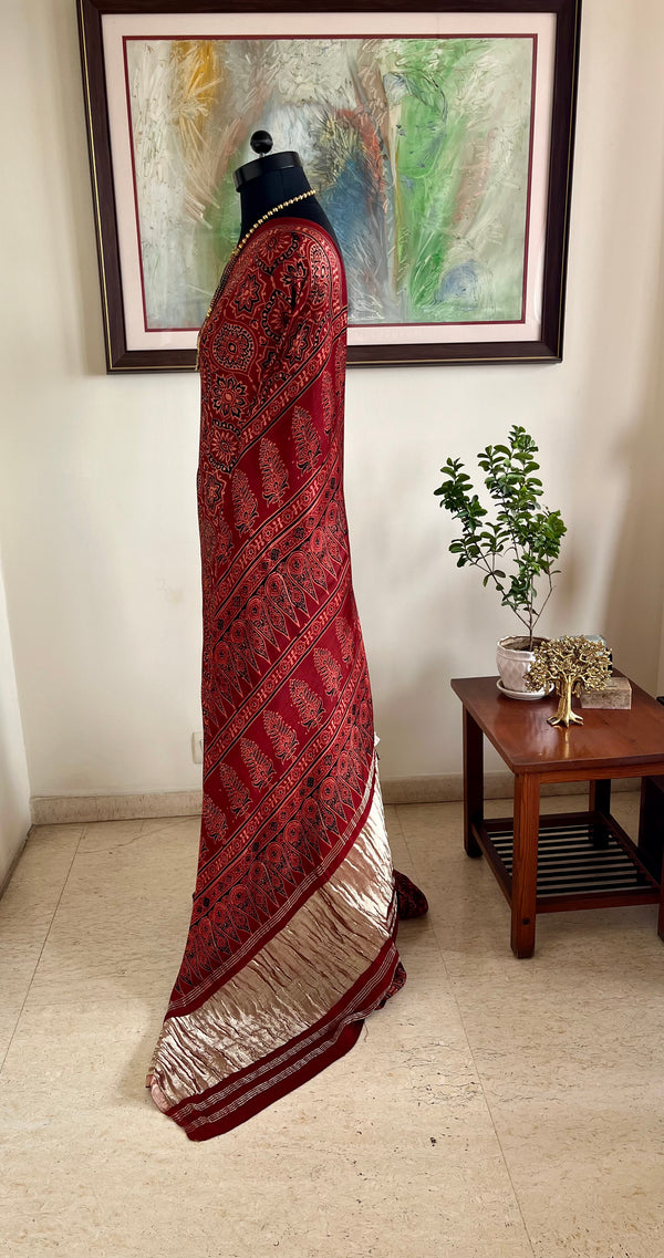 BINAL – RED AJRAKH MODAL SILK WITH LAGDI PATTA AANCHAL