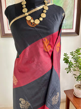 CHAYANA- MAROON AND BLACK BANARASI SAREE WITH PAISLEY AND CHEVRON MOTIFS