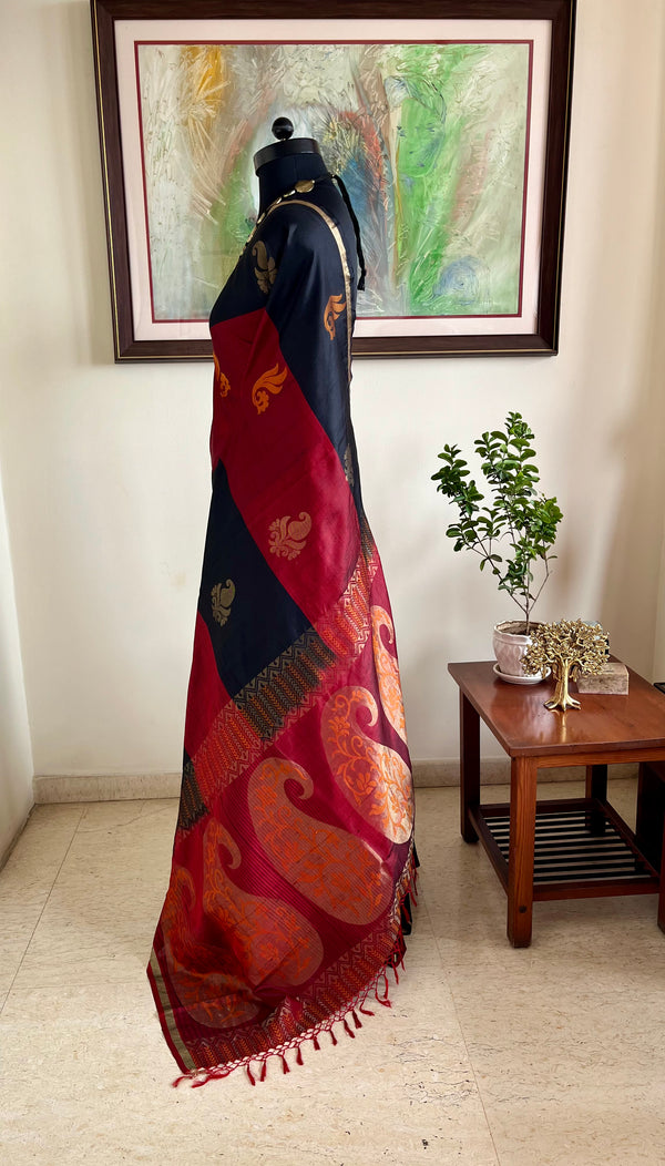 CHAYANA- MAROON AND BLACK BANARASI SAREE WITH PAISLEY AND CHEVRON MOTIFS