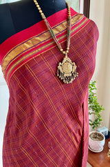DHARIKA- MAROON ILKAL SAREE WITH CHECKS CHEVRON BORDER AND TOPI TENI