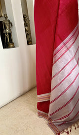 VARIKA- RED KANJIVARAM WITH MUSTARD STRIPES AND GREY TEMPLE BORDER