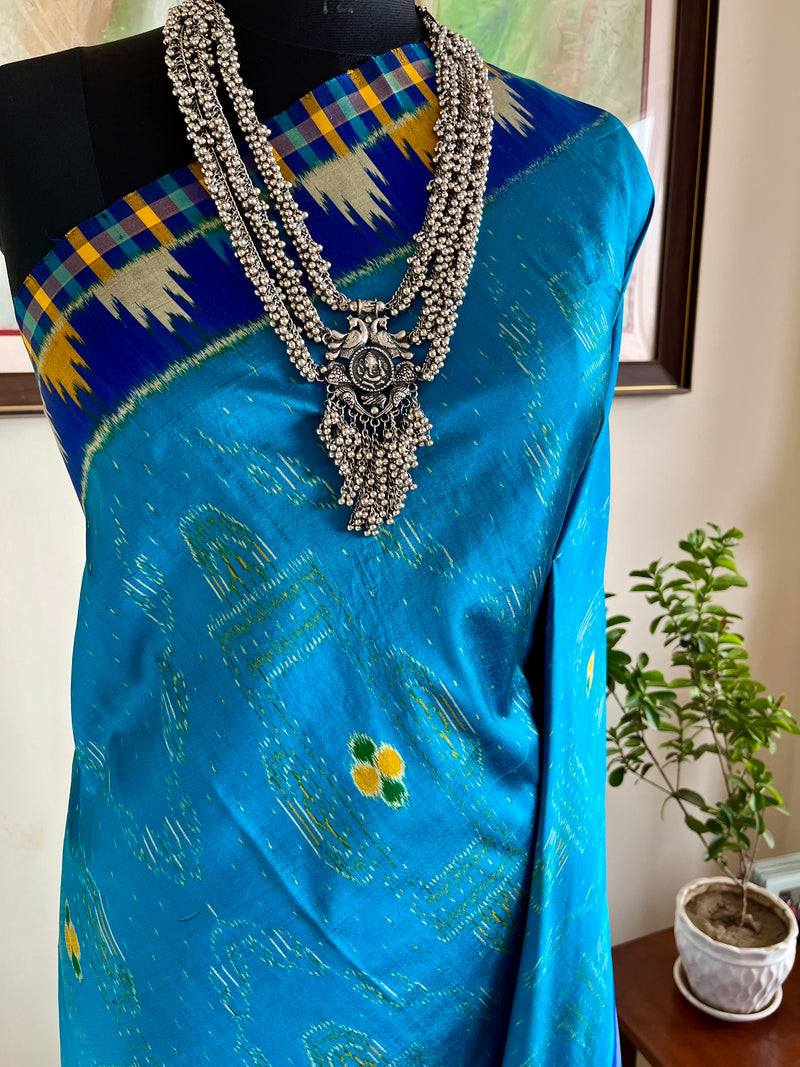 FIROZA - BLUE POCHAMPALLY SILK SAREE WITH TEMPLE AND IKAT MOTIFS