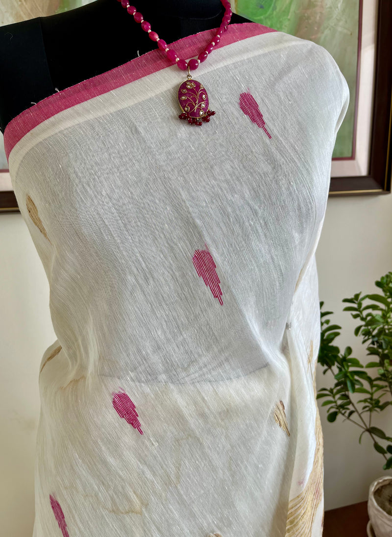 LAHYA- PRISTINE WHITE JAMDANI WITH MAGENTA BORDERS AND MOTIFS
