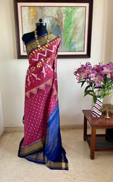 ISHVANI MAROON IKAT WITH GOLD BORDER AND NAVY AANCHAL