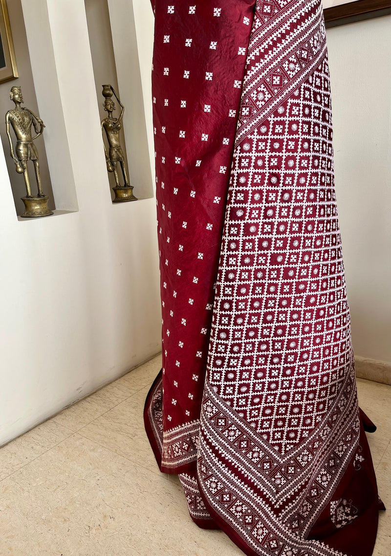 AASHKA – MAROON SILK WITH EXQUISITE ALL-OVER WHITE SINDHI EMBROIDERY