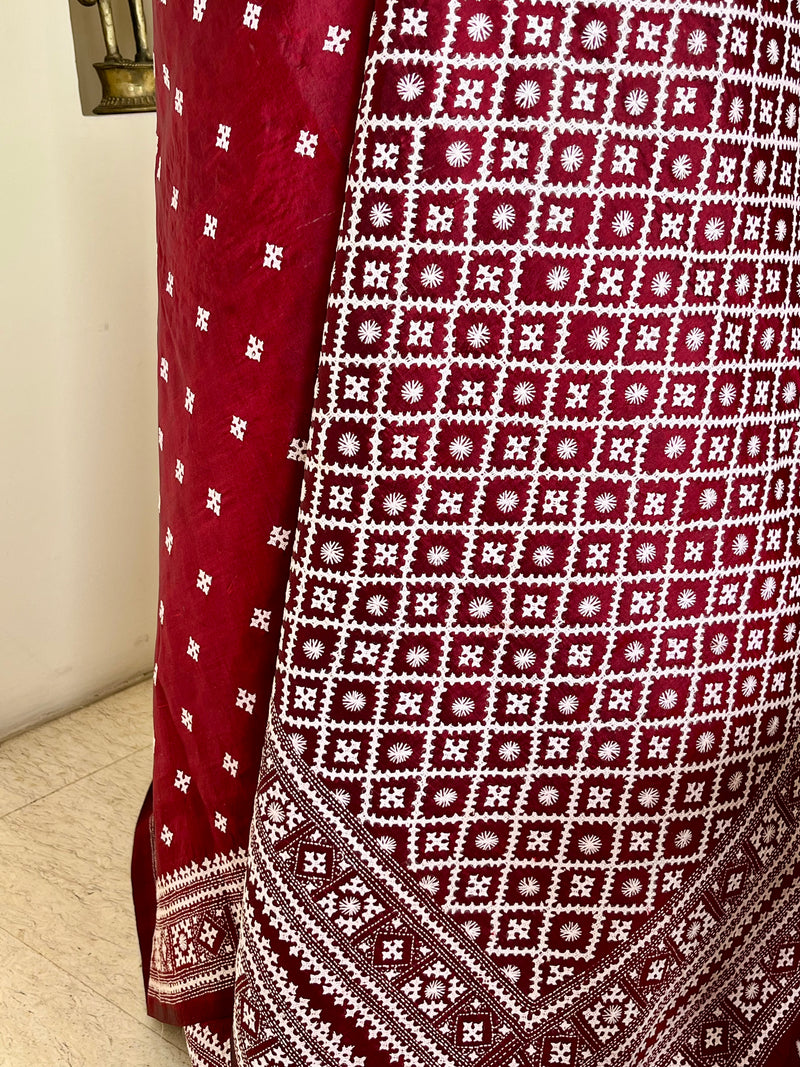 AASHKA – MAROON SILK WITH EXQUISITE ALL-OVER WHITE SINDHI EMBROIDERY