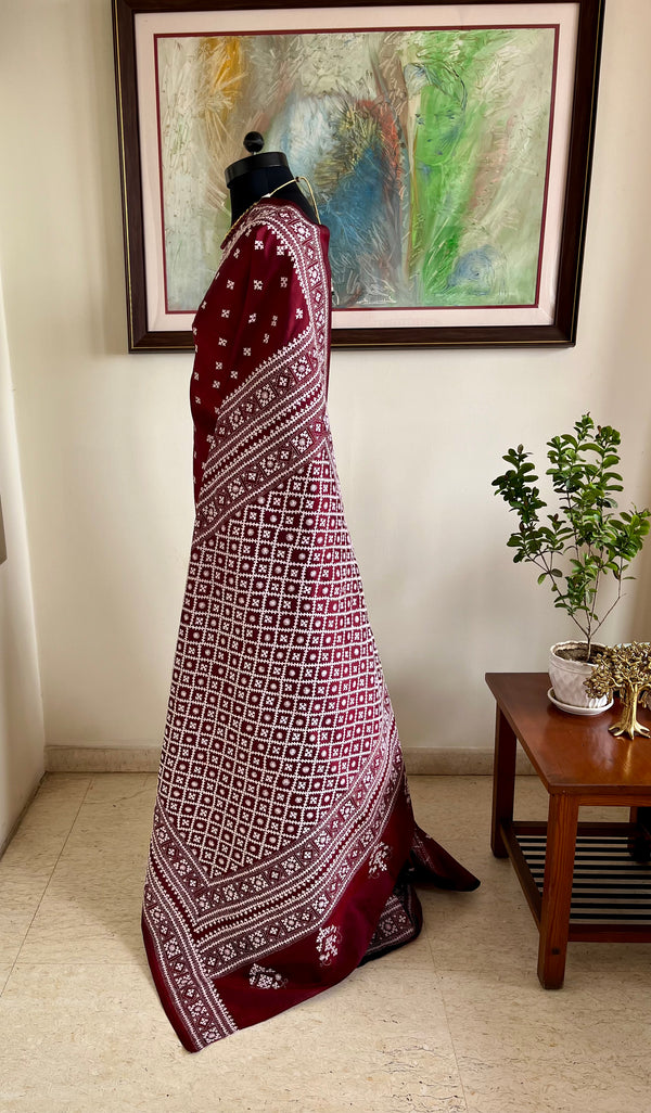 AASHKA – MAROON SILK WITH EXQUISITE ALL-OVER WHITE SINDHI EMBROIDERY