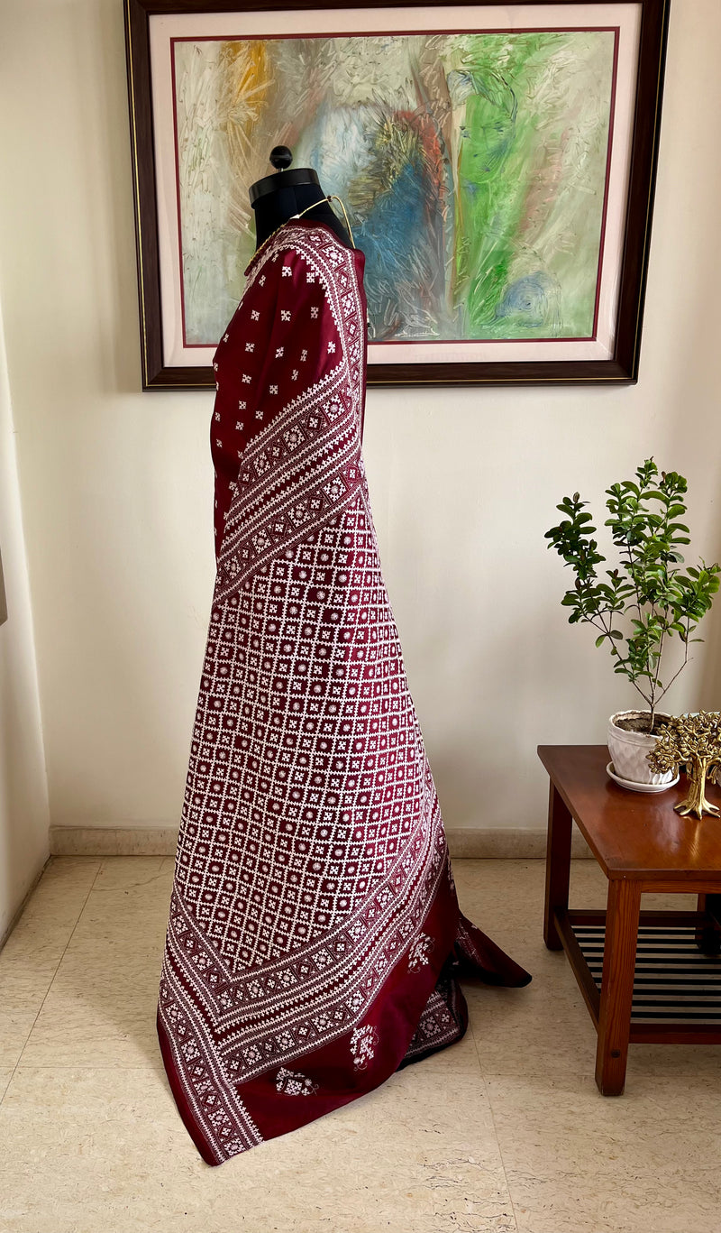 AASHKA – MAROON SILK WITH EXQUISITE ALL-OVER WHITE SINDHI EMBROIDERY