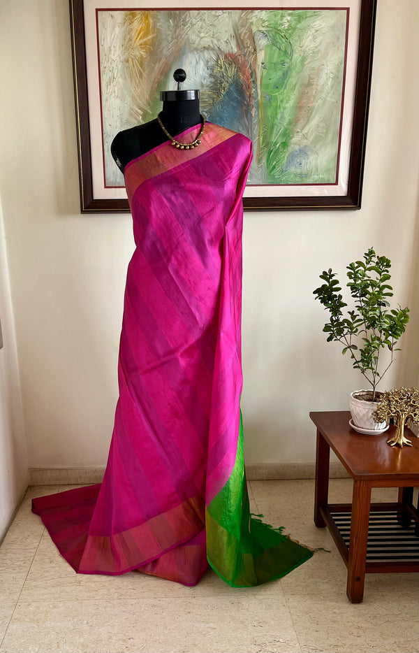 VEDHIKA - MAGENTA PINK UPPADA SILK WITH LIGHT PURPLE STRIPES AND TEMPLE MOTIFS