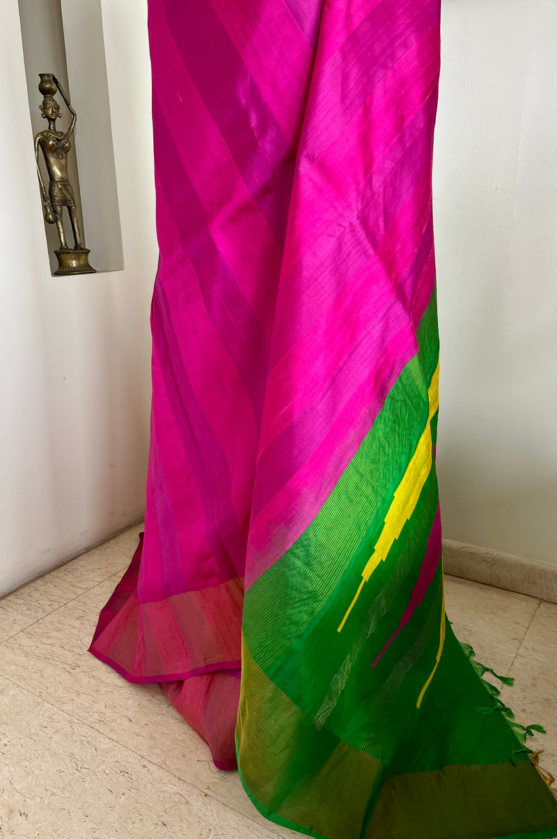 VEDHIKA - MAGENTA PINK UPPADA SILK WITH LIGHT PURPLE STRIPES AND TEMPLE MOTIFS