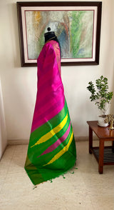 VEDHIKA - MAGENTA PINK UPPADA SILK WITH LIGHT PURPLE STRIPES AND TEMPLE MOTIFS