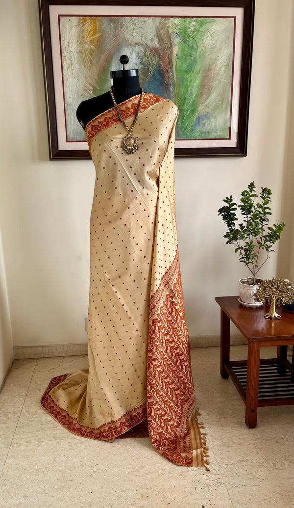 KANGKANA - ASSAM SILK SAREE IN CREAM AND RUST WITH GOS AND MOYUR MOTIFS