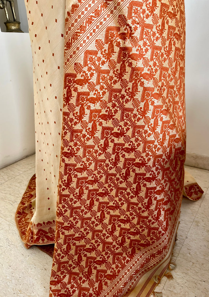 KANGKANA - ASSAM SILK SAREE IN CREAM AND RUST WITH GOS AND MOYUR MOTIFS