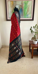 LEELAVATI- RED PATOLA WITH DIAMOND, ELEPHANT AND BIRD MOTIFS