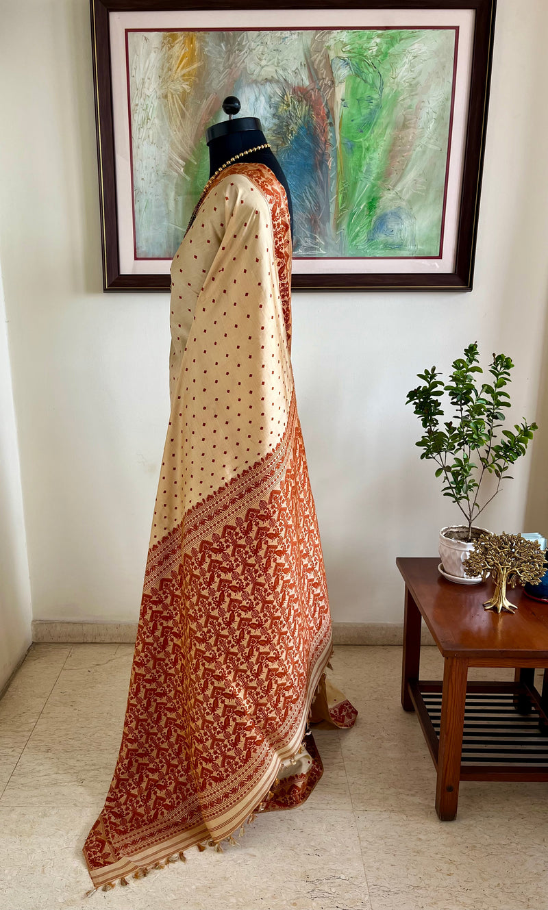 KANGKANA - ASSAM SILK SAREE IN CREAM AND RUST WITH GOS AND MOYUR MOTIFS