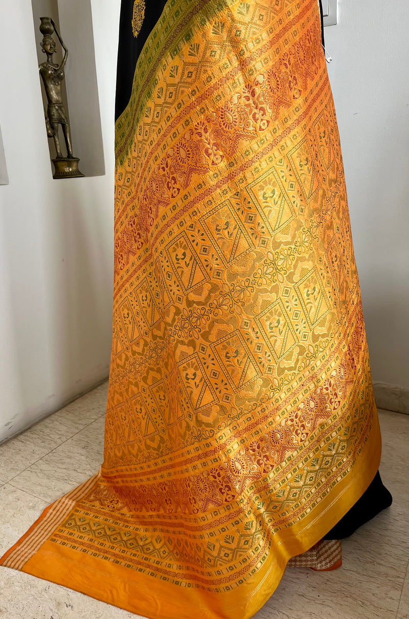 DEBAHUTI - BLACK BOMKAI SILK WITH RUDRAKSHA BORDER AND GEOMETRIC AANCHAL