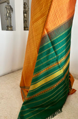 VIRENA- OCHRE STRIPED KANJIVARAM WITH GREEN PAISLEY BORDER