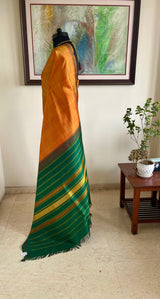 VIRENA- OCHRE STRIPED KANJIVARAM WITH GREEN PAISLEY BORDER