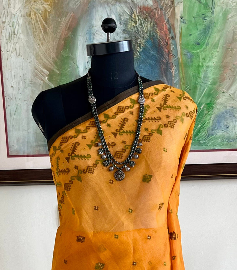 ROSHMITA – ORANGE JAMDANI WITH ZARI BORDER AND ELABORATE AANCHAL