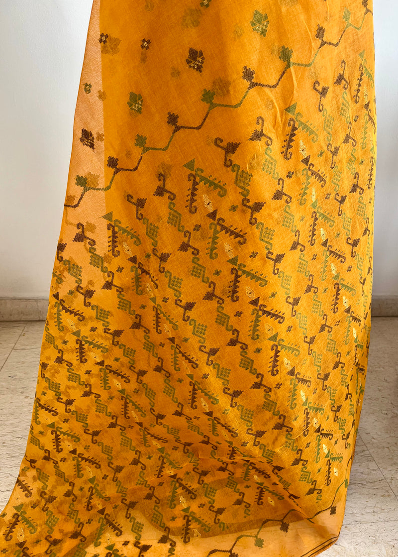 ROSHMITA – ORANGE JAMDANI WITH ZARI BORDER AND ELABORATE AANCHAL