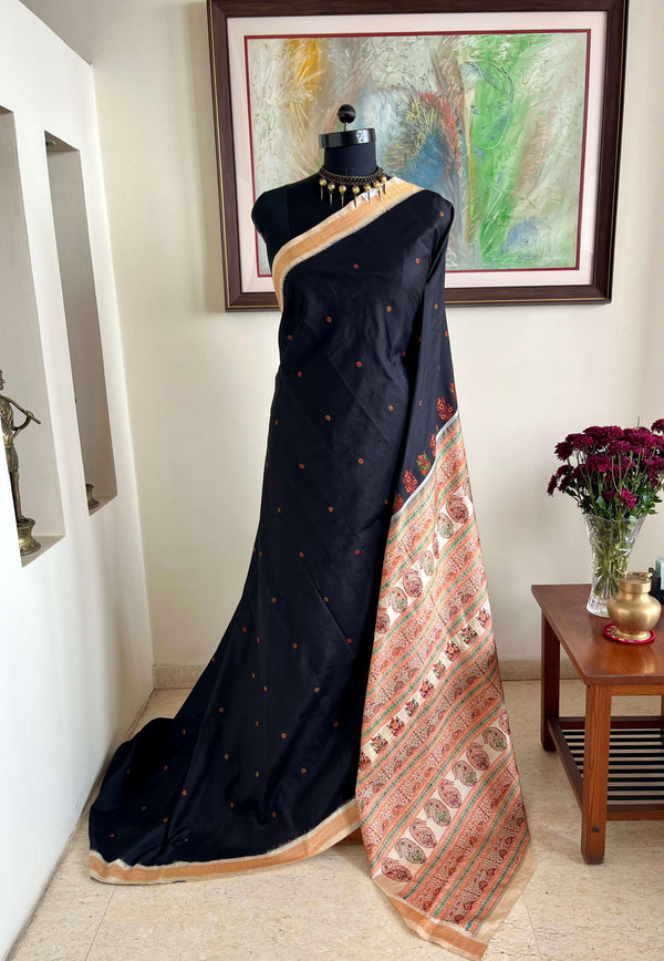 GOPA - EXQUISITE BLACK BOMKAI WITH FLORAL AANCHAL AND RUDRAKSHA BORDER