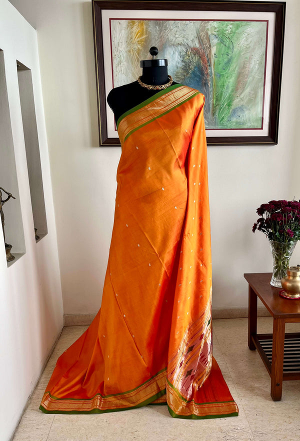 ANVI- VIBRANT ORANGE PAITHANI WITH MOR KUNDA AANCHAL AND NARALI BORDER