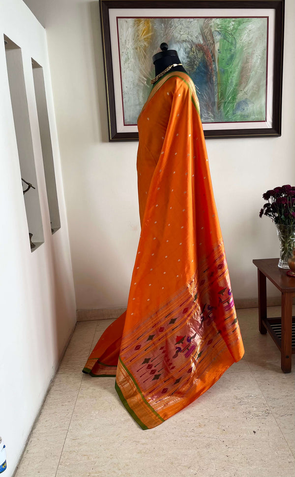 ANVI- VIBRANT ORANGE PAITHANI WITH MOR KUNDA AANCHAL AND NARALI BORDER