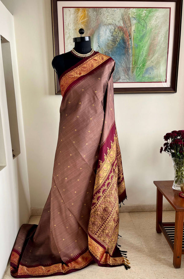 LAKSHIKA - TOFFEE KANJIVARAM WITH MAROON-GOLD FLORAL ELEGANCE