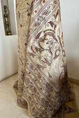 PAPIA – LIGHT BEIGE TUSSAR WITH KANTHA FLORALS AND PEACOCK AANCHAL