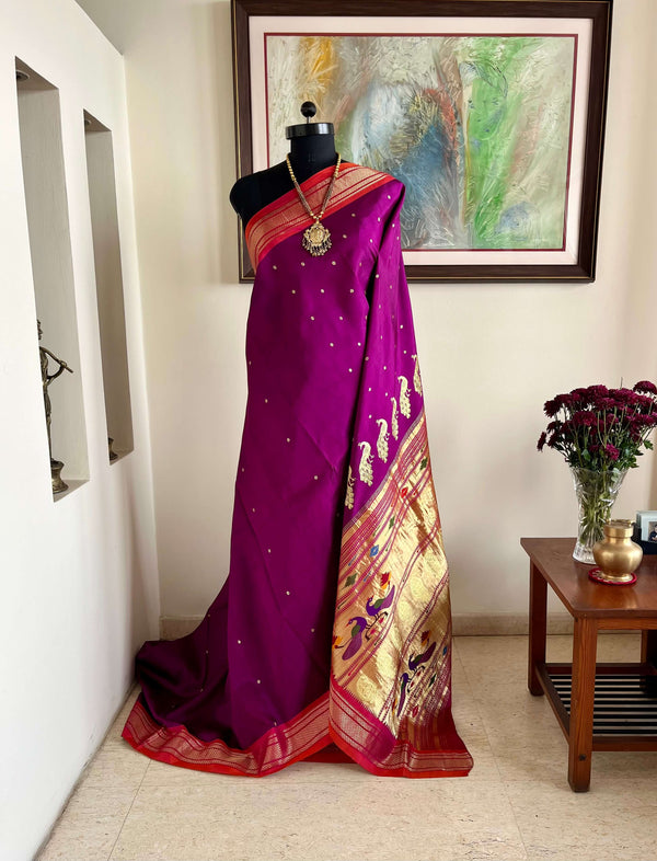 RUJUTA- UNIQUE PAITHANI SAREE IN REGAL PURPLE WITH ZARI PEACOCKS