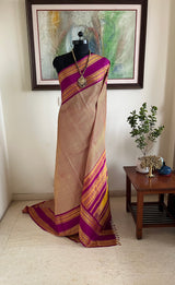 RITHISHA- BEIGE AND BROWN CHECKS KANJIVARAM WITH MAGENTA RUDRAKSHA BORDERS
