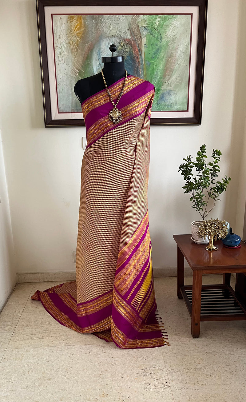 RITHISHA- BEIGE AND BROWN CHECKS KANJIVARAM WITH MAGENTA RUDRAKSHA BORDERS