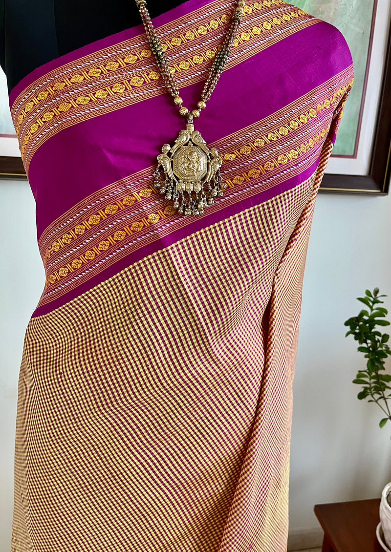 RITHISHA- BEIGE AND BROWN CHECKS KANJIVARAM WITH MAGENTA RUDRAKSHA BORDERS