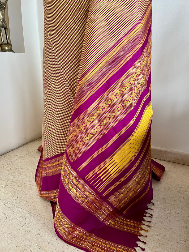 RITHISHA- BEIGE AND BROWN CHECKS KANJIVARAM WITH MAGENTA RUDRAKSHA BORDERS
