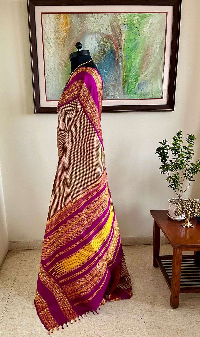 RITHISHA- BEIGE AND BROWN CHECKS KANJIVARAM WITH MAGENTA RUDRAKSHA BORDERS