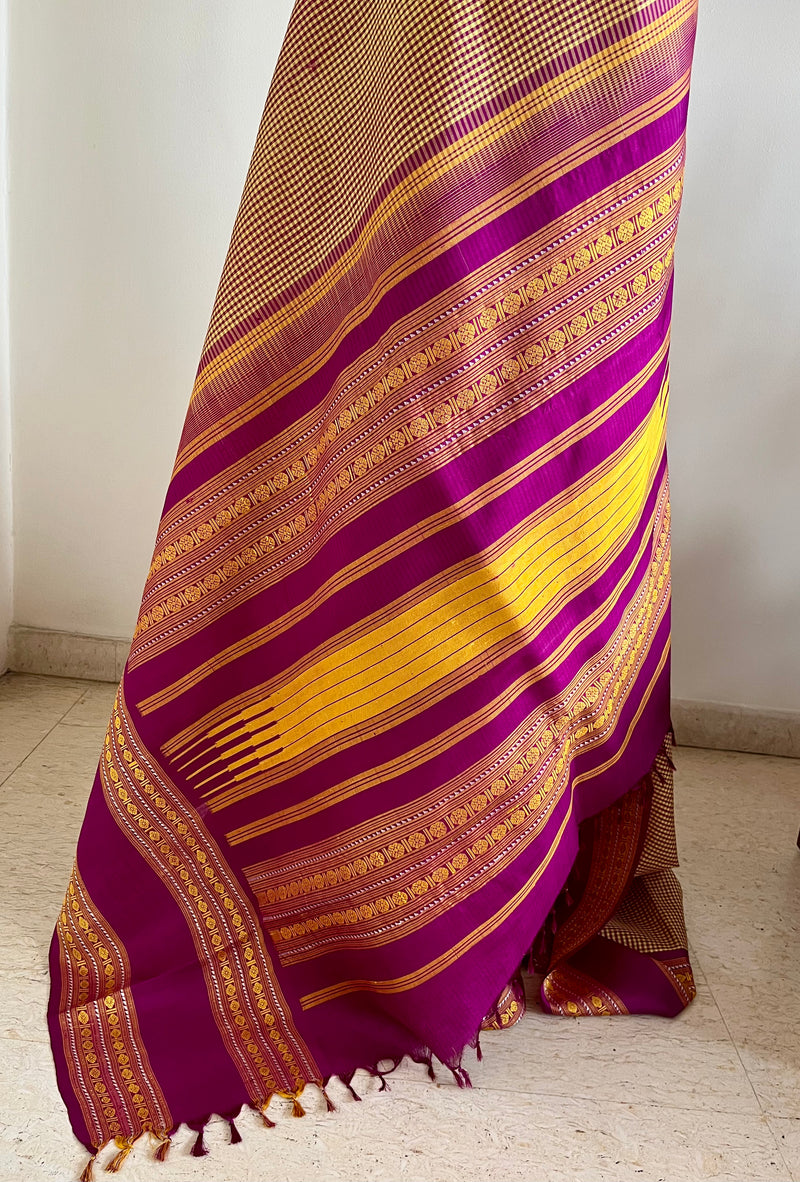 RITHISHA- BEIGE AND BROWN CHECKS KANJIVARAM WITH MAGENTA RUDRAKSHA BORDERS
