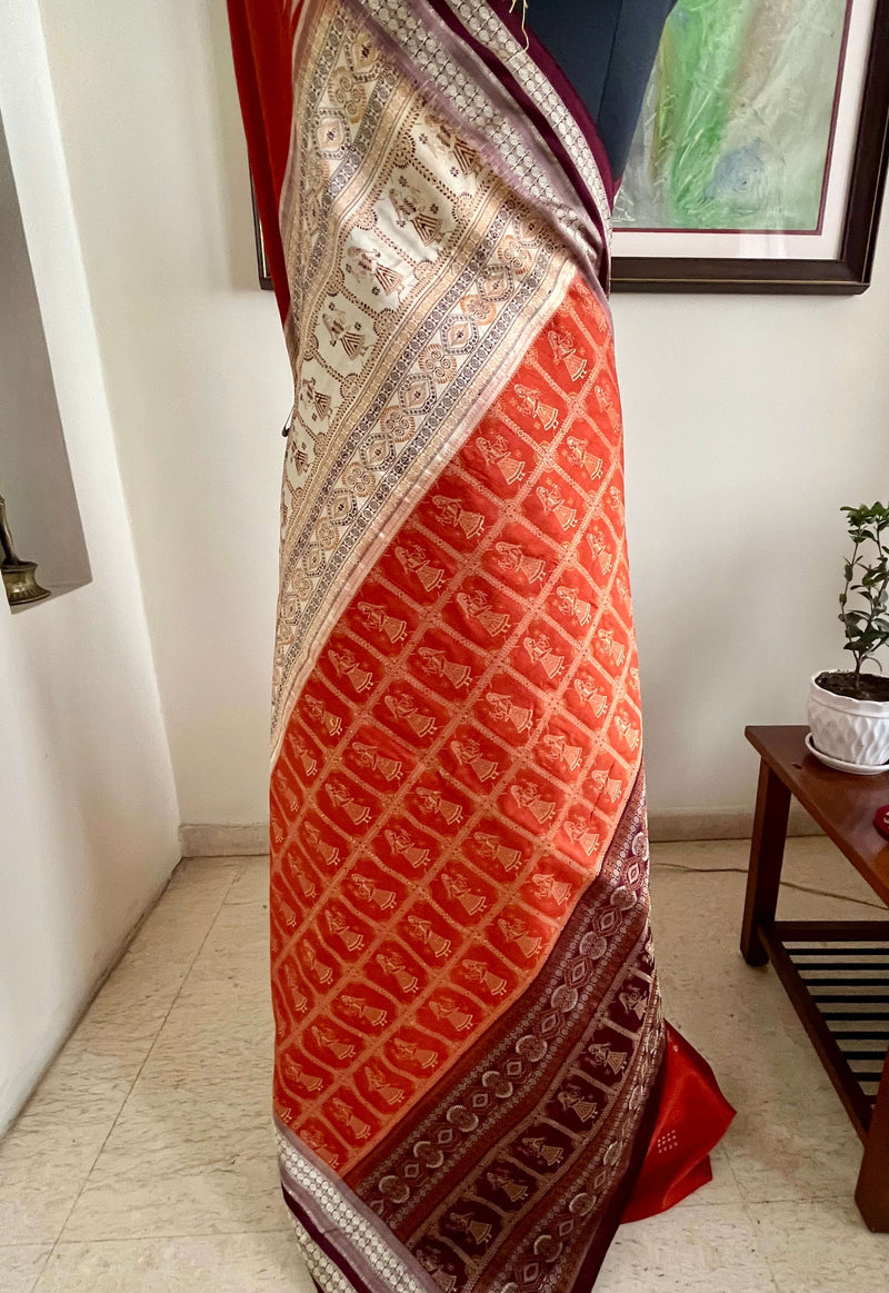 ANITA - RUST BOMKAI SAREE WITH DOLL AND RUDRAKSHA MOTIFS