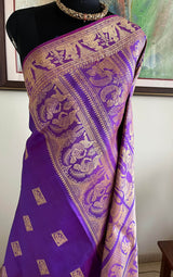 DEBARATI- PURPLE BALUCHARI WITH MYTHOLOGICAL MOTIFS AND DOUBLE AANCHAL