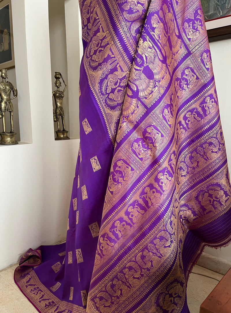 DEBARATI- PURPLE BALUCHARI WITH MYTHOLOGICAL MOTIFS AND DOUBLE AANCHAL