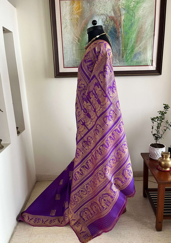 DEBARATI- PURPLE BALUCHARI WITH MYTHOLOGICAL MOTIFS AND DOUBLE AANCHAL