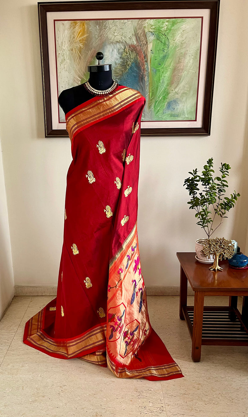 VIDHI- BRICK RED PAITHANI WITH ZARI PEACOCK ELEGANCE
