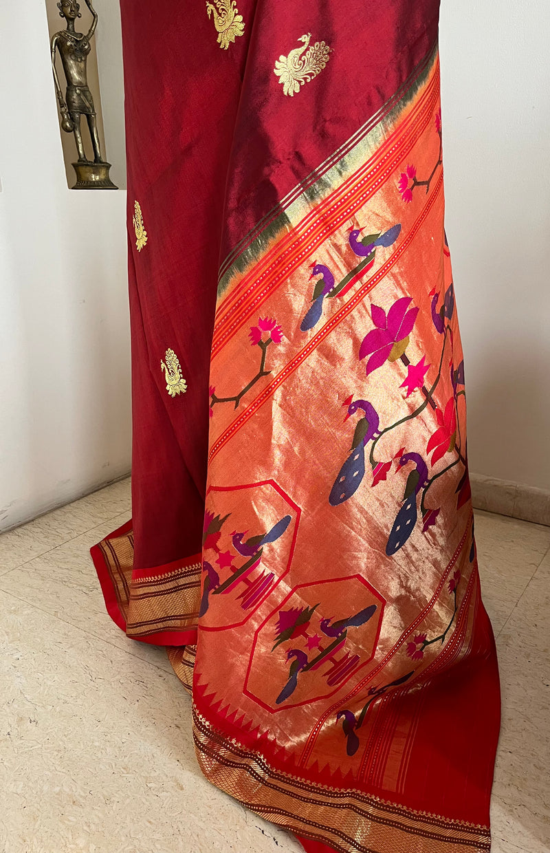 VIDHI- BRICK RED PAITHANI WITH ZARI PEACOCK ELEGANCE