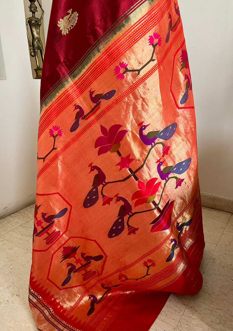 VIDHI- BRICK RED PAITHANI WITH ZARI PEACOCK ELEGANCE