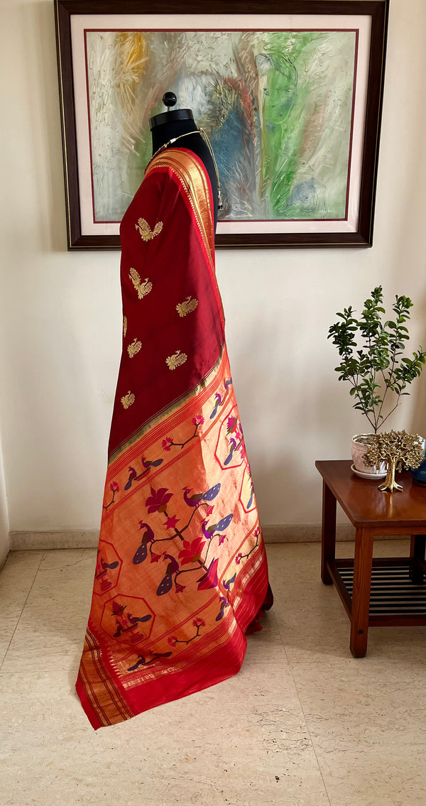 VIDHI- BRICK RED PAITHANI WITH ZARI PEACOCK ELEGANCE