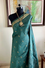 MANVIKA- GREYISH GREEN POCHAMPALLY WITH ZARI BANDS AND KOLAM AANCHAL