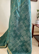 MANVIKA- GREYISH GREEN POCHAMPALLY WITH ZARI BANDS AND KOLAM AANCHAL