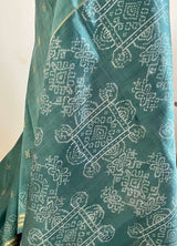 MANVIKA- GREYISH GREEN POCHAMPALLY WITH ZARI BANDS AND KOLAM AANCHAL