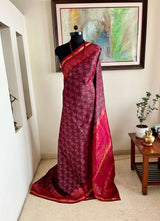 AHNA- TOFFEE PATOLA SILK SAREE WITH RED LOTUS BORDER, FLORAL AANCHAL