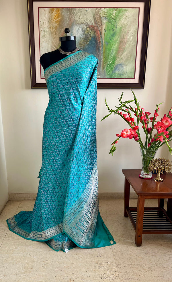 VARINI – VINTAGE BLUE TANCHOI WITH ZARI AANCHAL AND FLORAL PAISLEYS