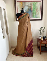 RANVIKA- BEIGE GADWAL COTTON SAREE WITH MAROON ZARI BORDER